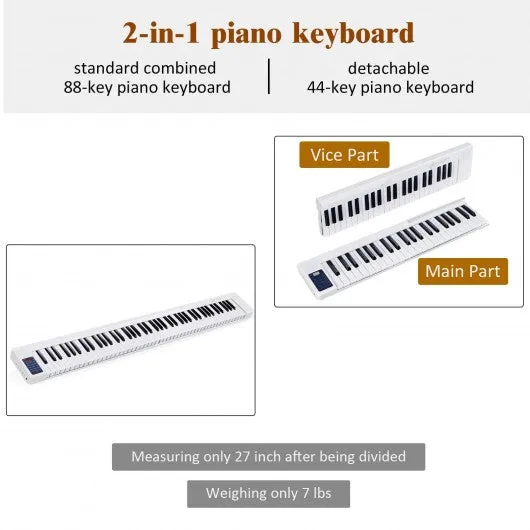 2 in 1 Attachable Digital Piano Keyboard 88/44 Touch sensitive Key w/ MIDI-White