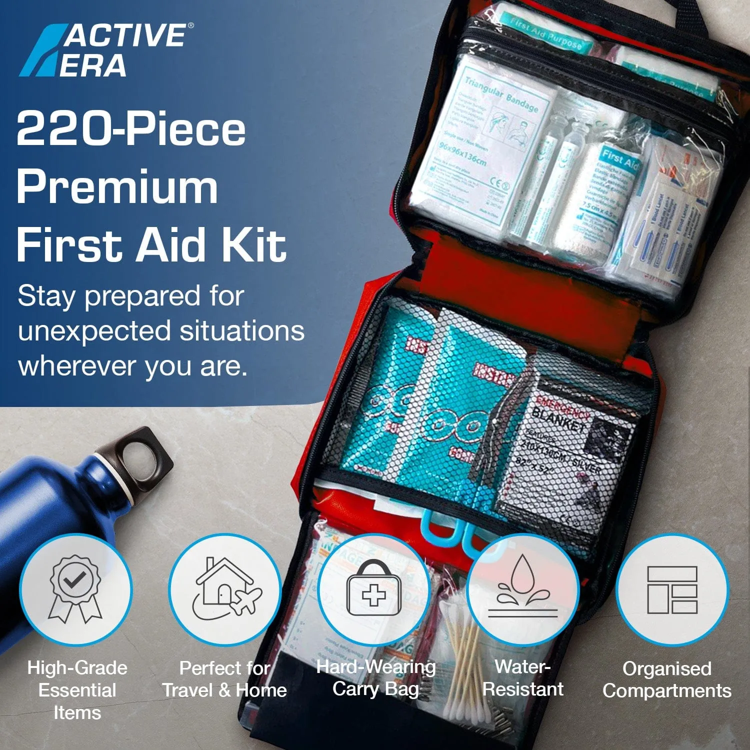 220 Piece Premium First Aid Kit Bag - Red