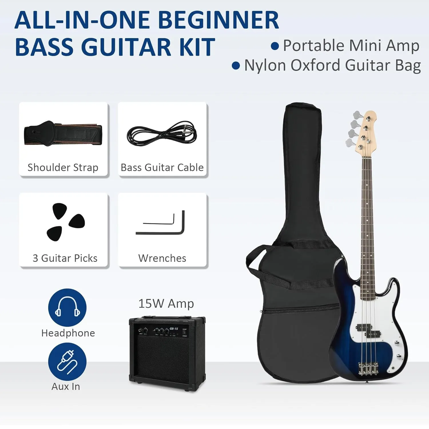 46" Full Size Electric Bass Guitar Kit PB style for Beginners with Amplifier, Blue and White