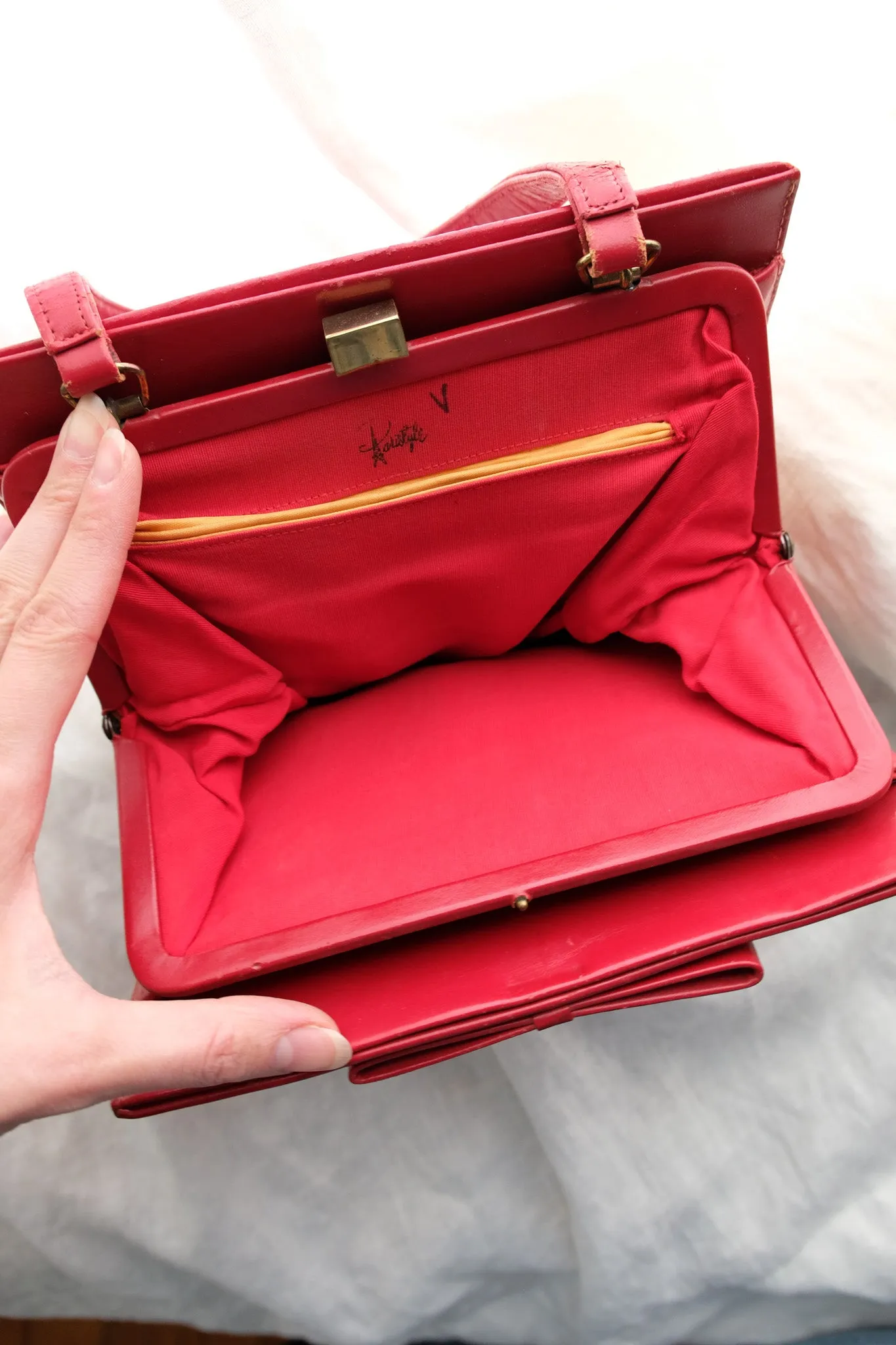 Adorable 1960's Red Square Bow Structured Leather Handbag