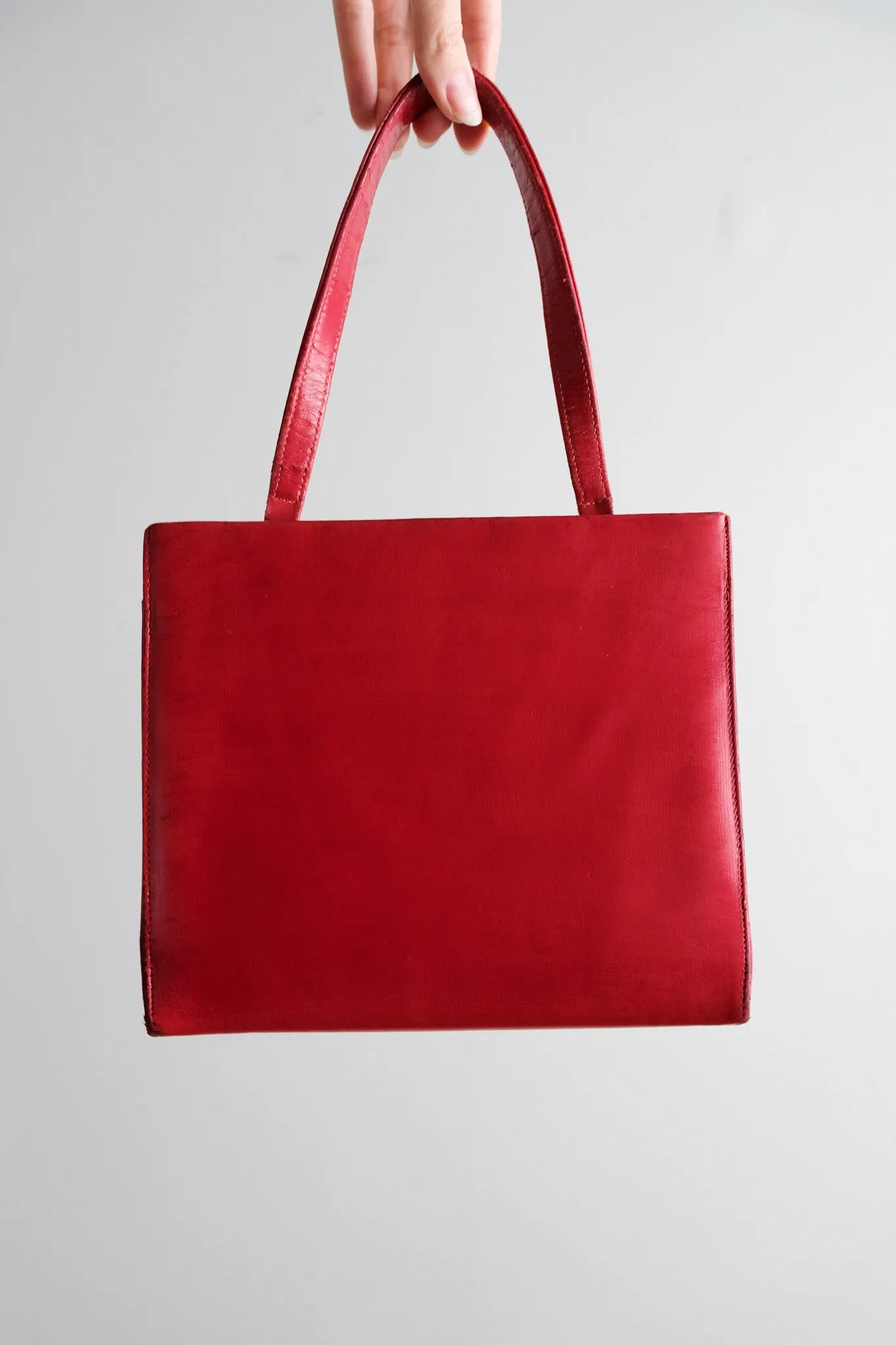 Adorable 1960's Red Square Bow Structured Leather Handbag