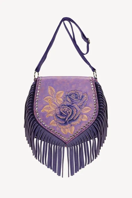 Akaora Rose Hand Painted Leather Shoulder Bag-Fringed Leather Bag