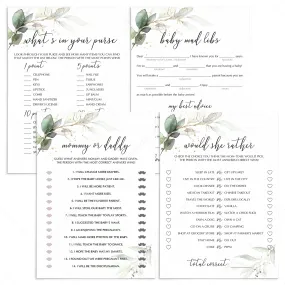 Baby Shower Games with Watercolor Greenery and Gold Foil Printable