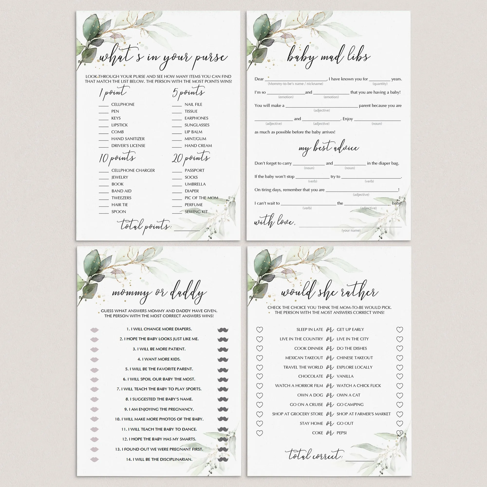 Baby Shower Games with Watercolor Greenery and Gold Foil Printable