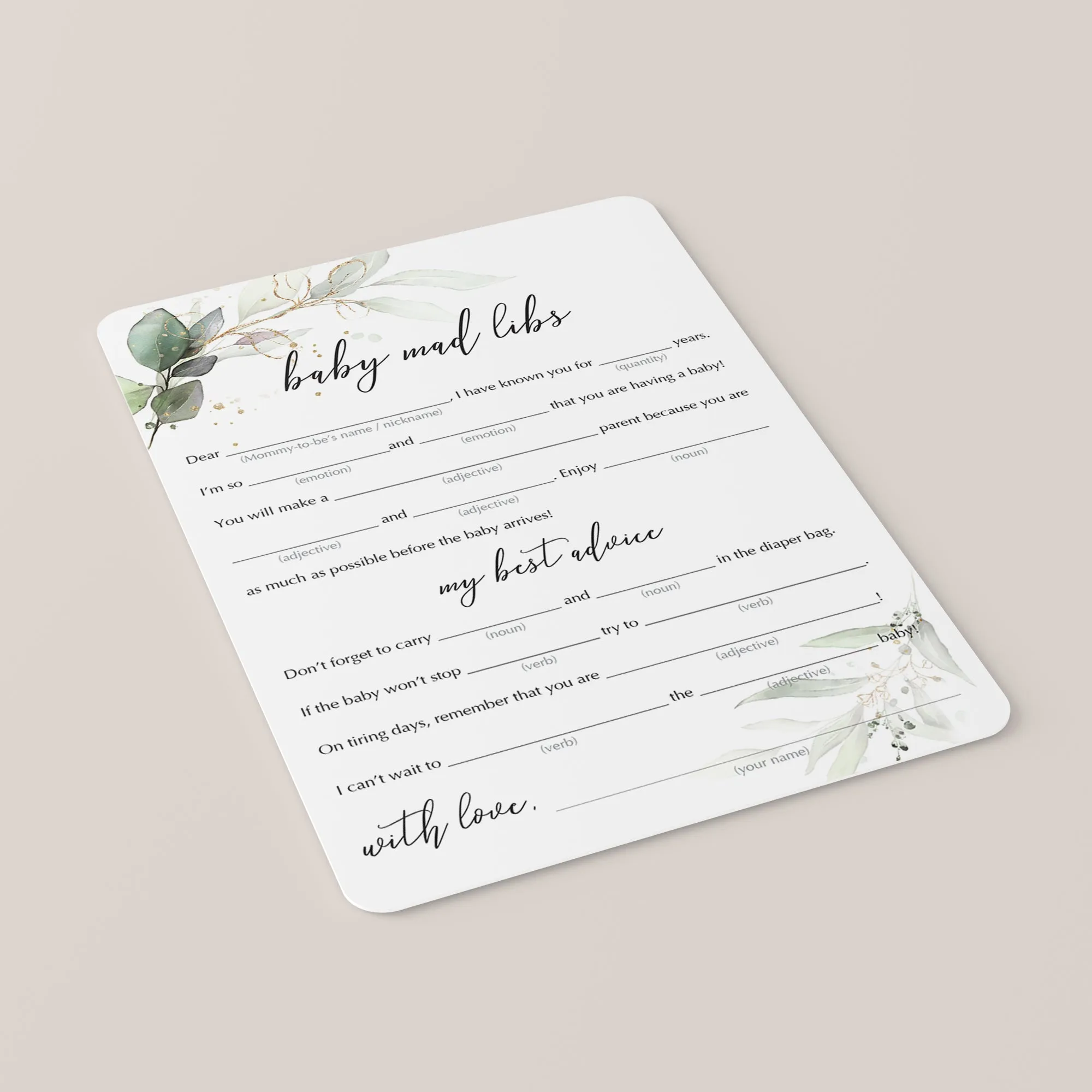 Baby Shower Games with Watercolor Greenery and Gold Foil Printable