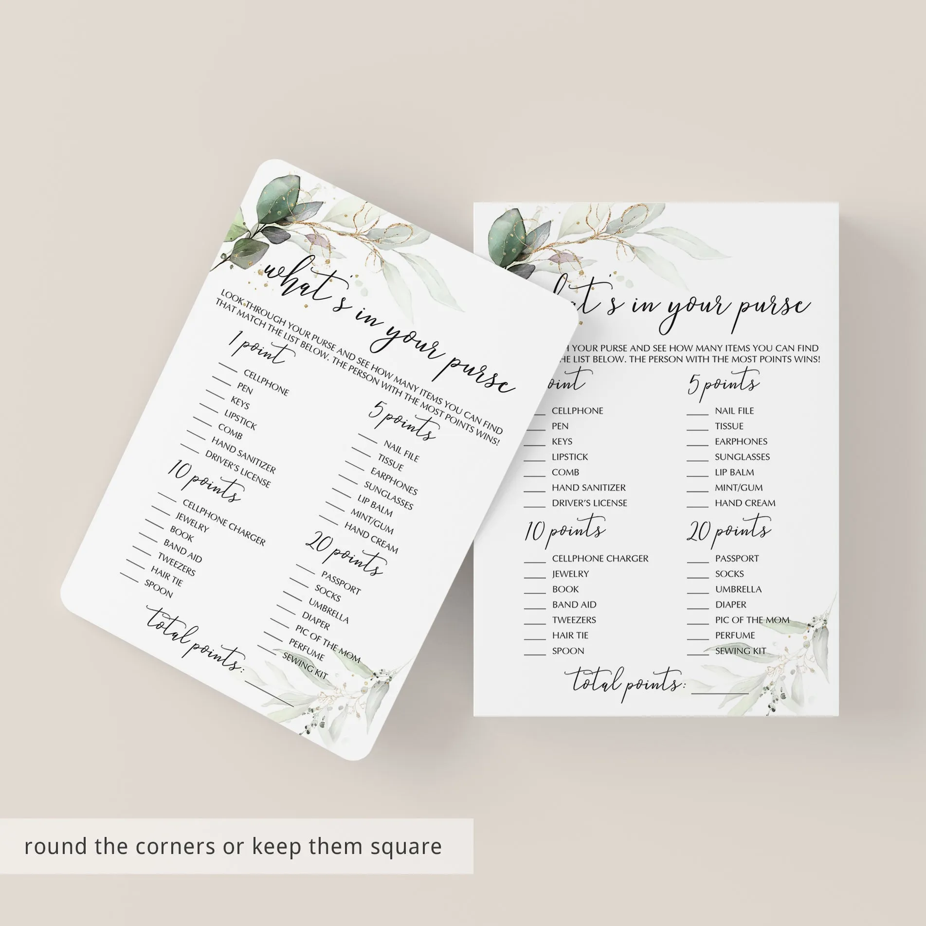 Baby Shower Games with Watercolor Greenery and Gold Foil Printable