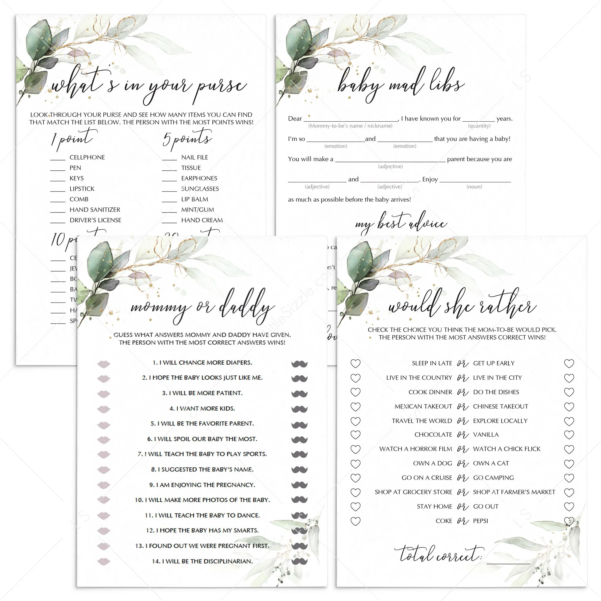 Baby Shower Games with Watercolor Greenery and Gold Foil Printable