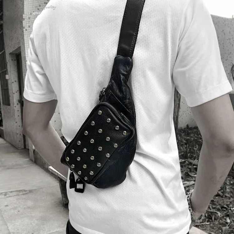 Badass Black Leather Men's Sling Bag Punk Chest Bag Rivet One shoulder Backpack Phone Bag For Men