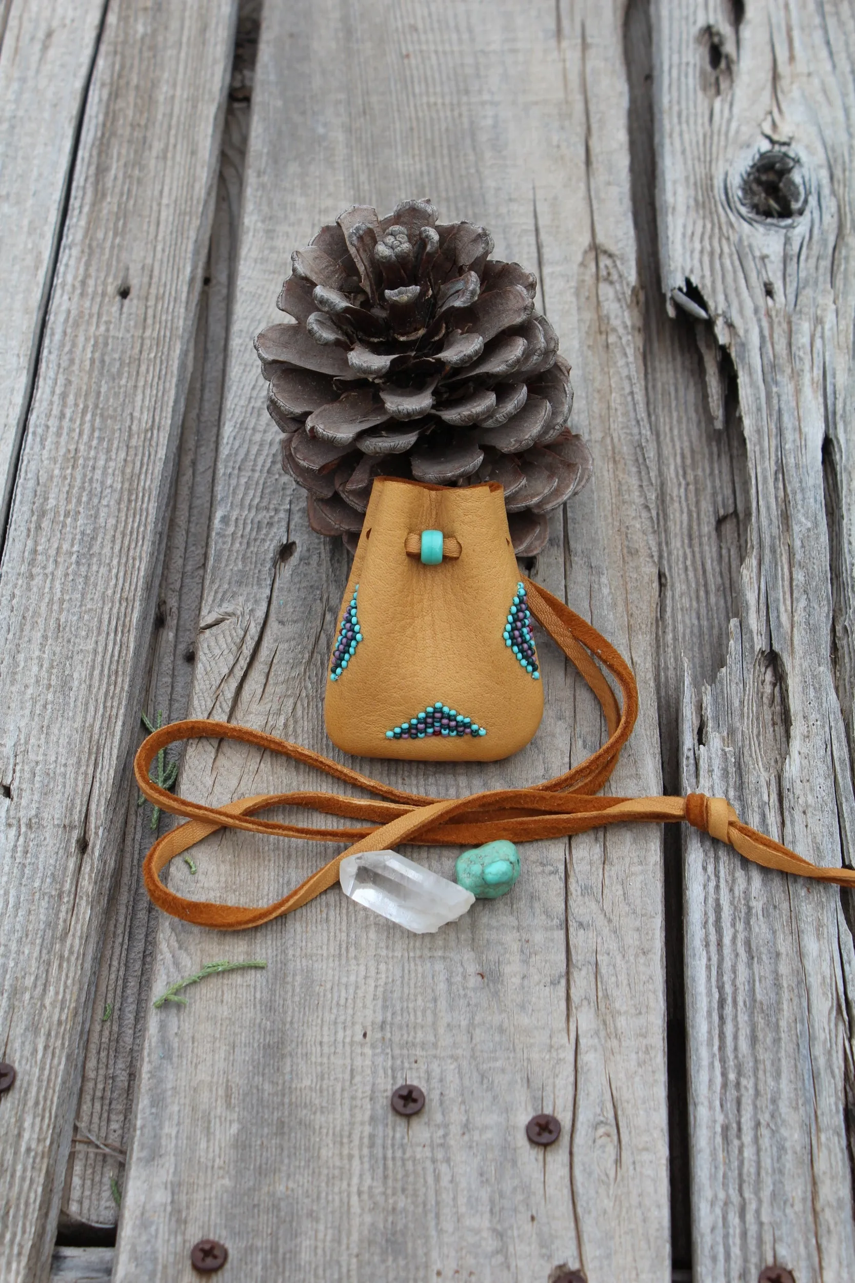 Beaded leather amulet bag, buckskin medicine pouch