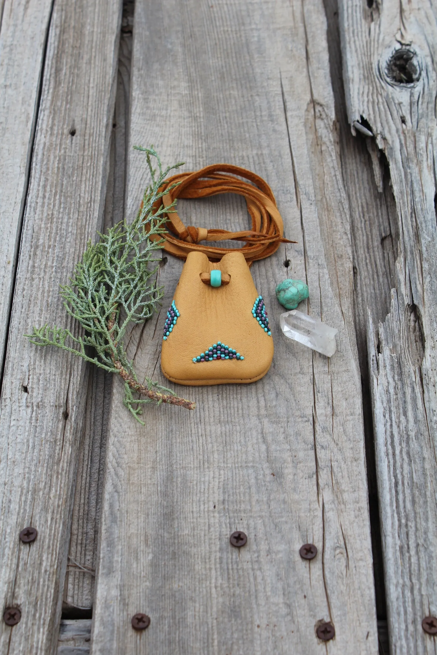 Beaded leather amulet bag, buckskin medicine pouch