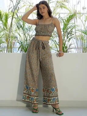 Berrylush Women Beige, Blue, & Orange Floral Printed Round Neck Waist Tie-Up Crop Top & Wide-Leg Trousers Co-Ordinate Set