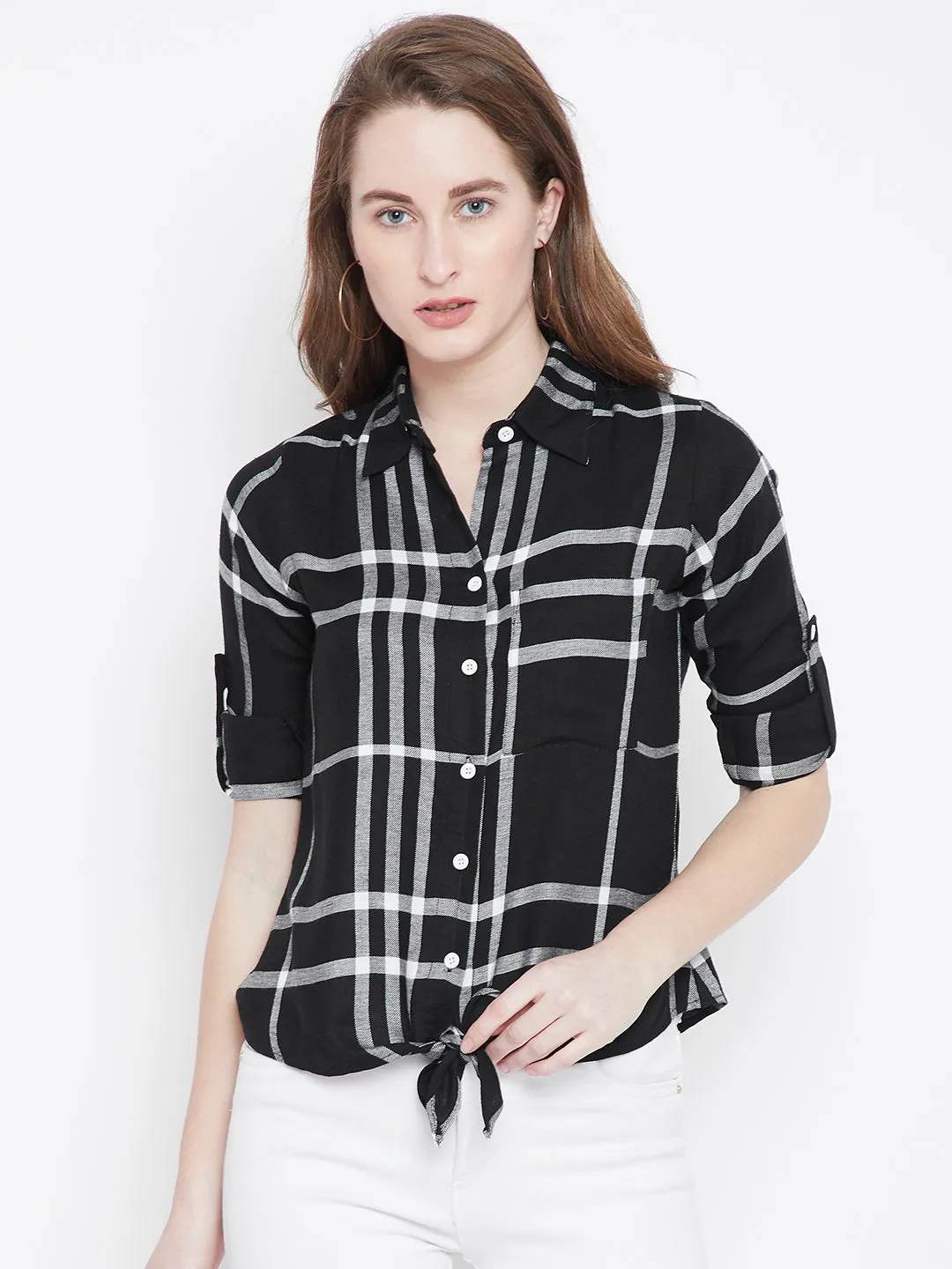 Berrylush Women Black & White Check Patterned Collar-Neck Shirt Style Top