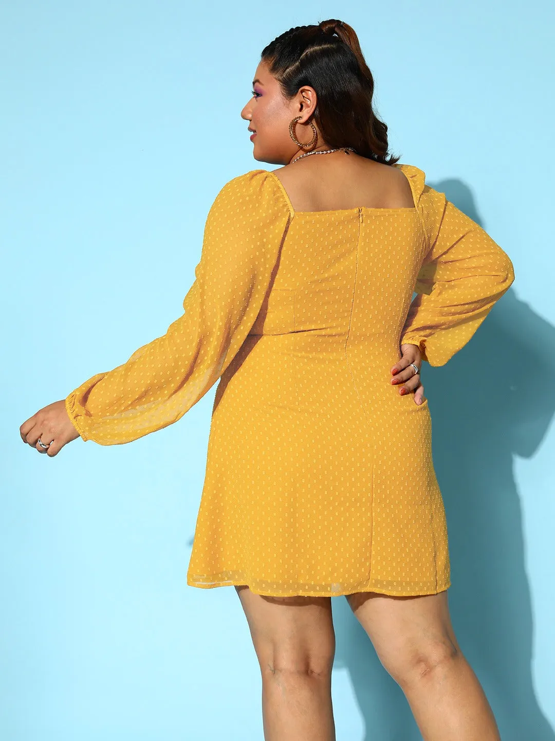 Berrylush Women Plus Size Solid Yellow Dobby Weave Square Neck Georgette Sheer Flared A-Line Mini Dress