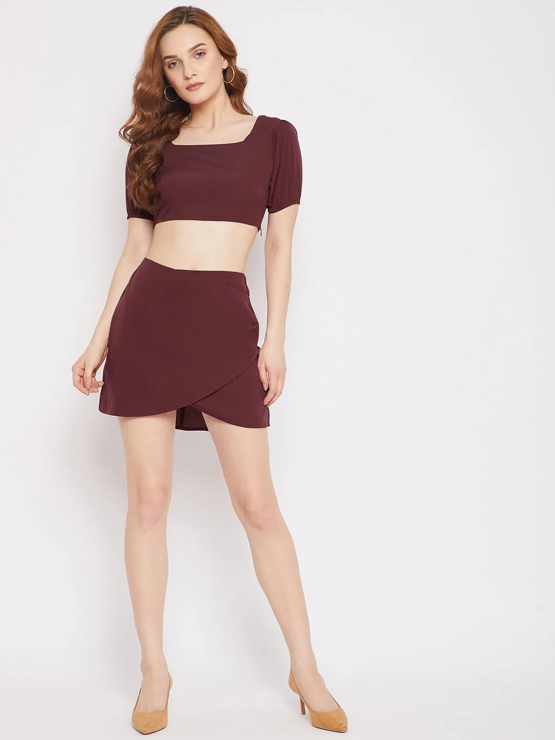 Berrylush Women Solid Maroon Square Neck Puff Sleeve Tulip Hem Co-Ordinate Mini Dress