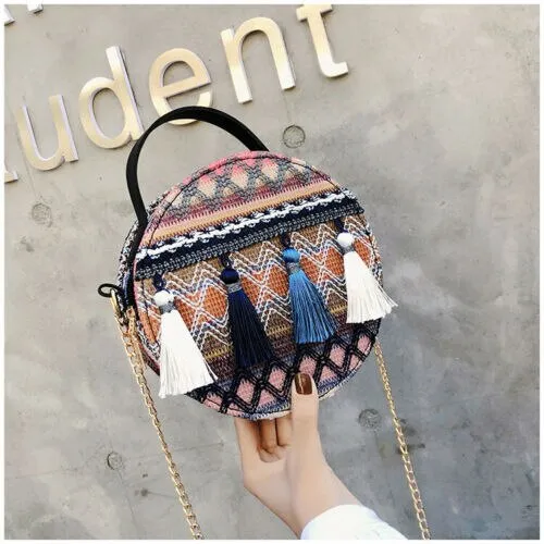 Boho Canteen Purse With Tassels Blue Or Gold You Choose Ethnic Print Round Over The Shoulder Crossbody Bag With Gold Chain Strap Bohemian Messenger Handbag