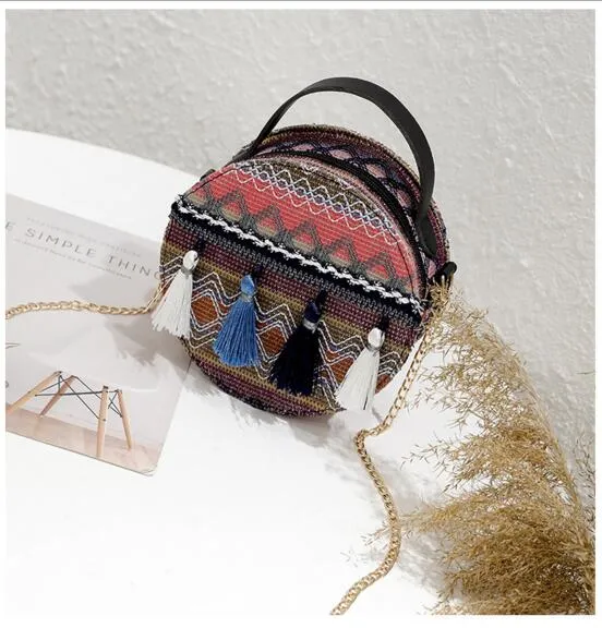 Boho Canteen Purse With Tassels Blue Or Gold You Choose Ethnic Print Round Over The Shoulder Crossbody Bag With Gold Chain Strap Bohemian Messenger Handbag