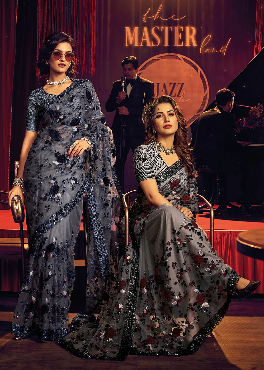 Bridal Party Vintage Grey Premium Net Designer Saree