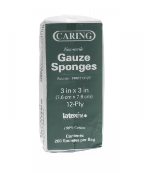 Caring Woven Non-Sterile Gauze Sponges, 3" X 3", 12 Ply, Bag of 200