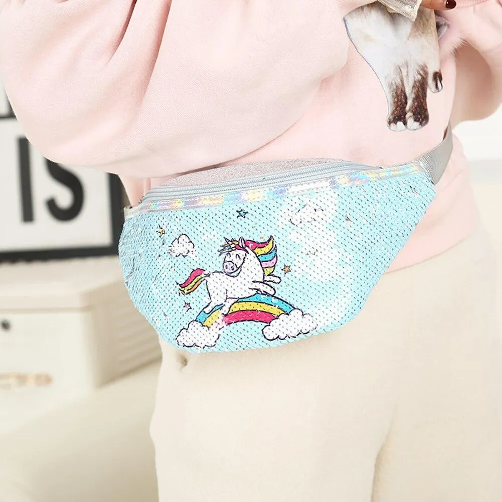 Casual Adjustable Girls' Sequins Waist Bag With Cartoon Unicorn Shape For Sports Travel