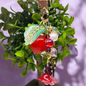 Cherry bag charm | key chain | golden chain with flowers and leaf