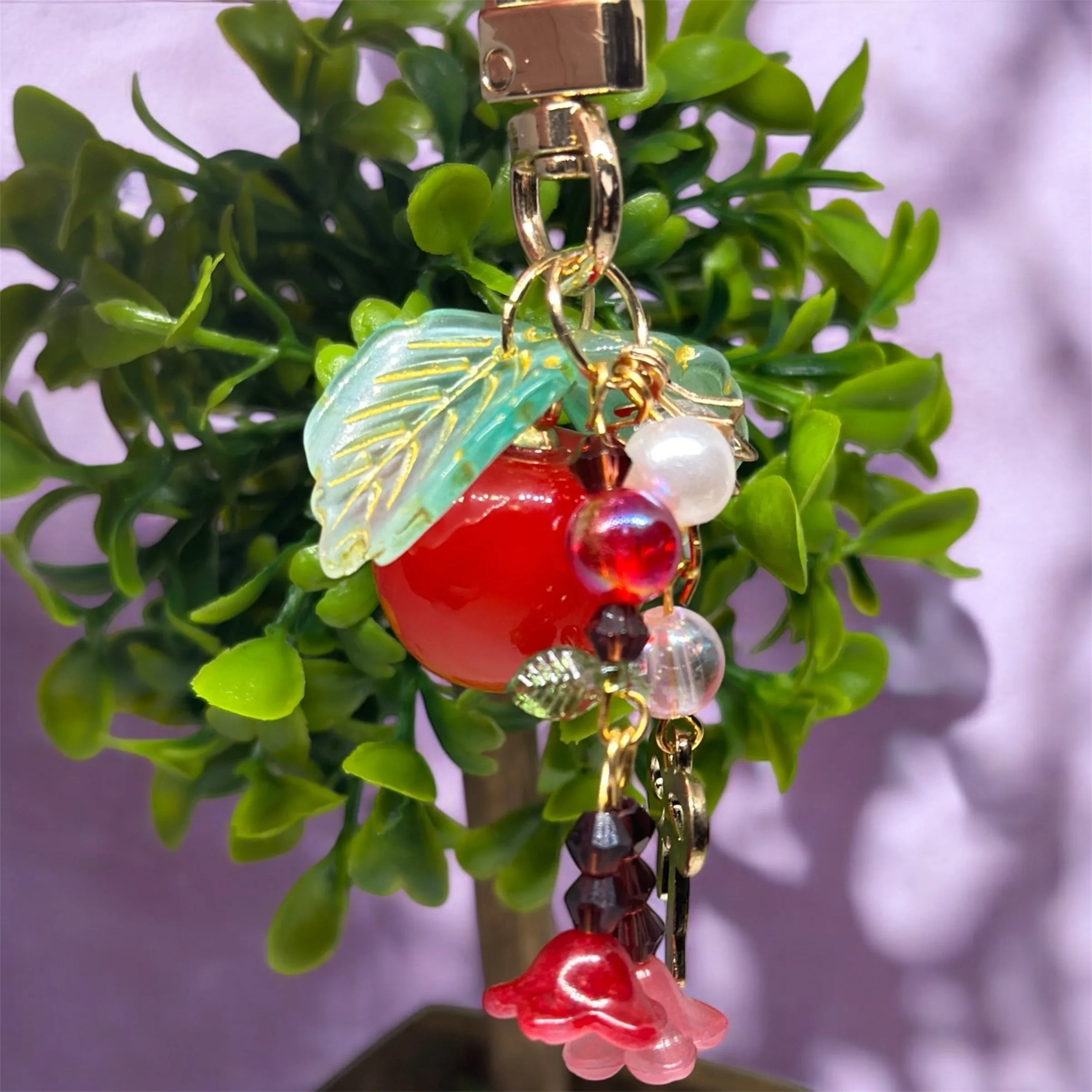 Cherry bag charm | key chain | golden chain with flowers and leaf