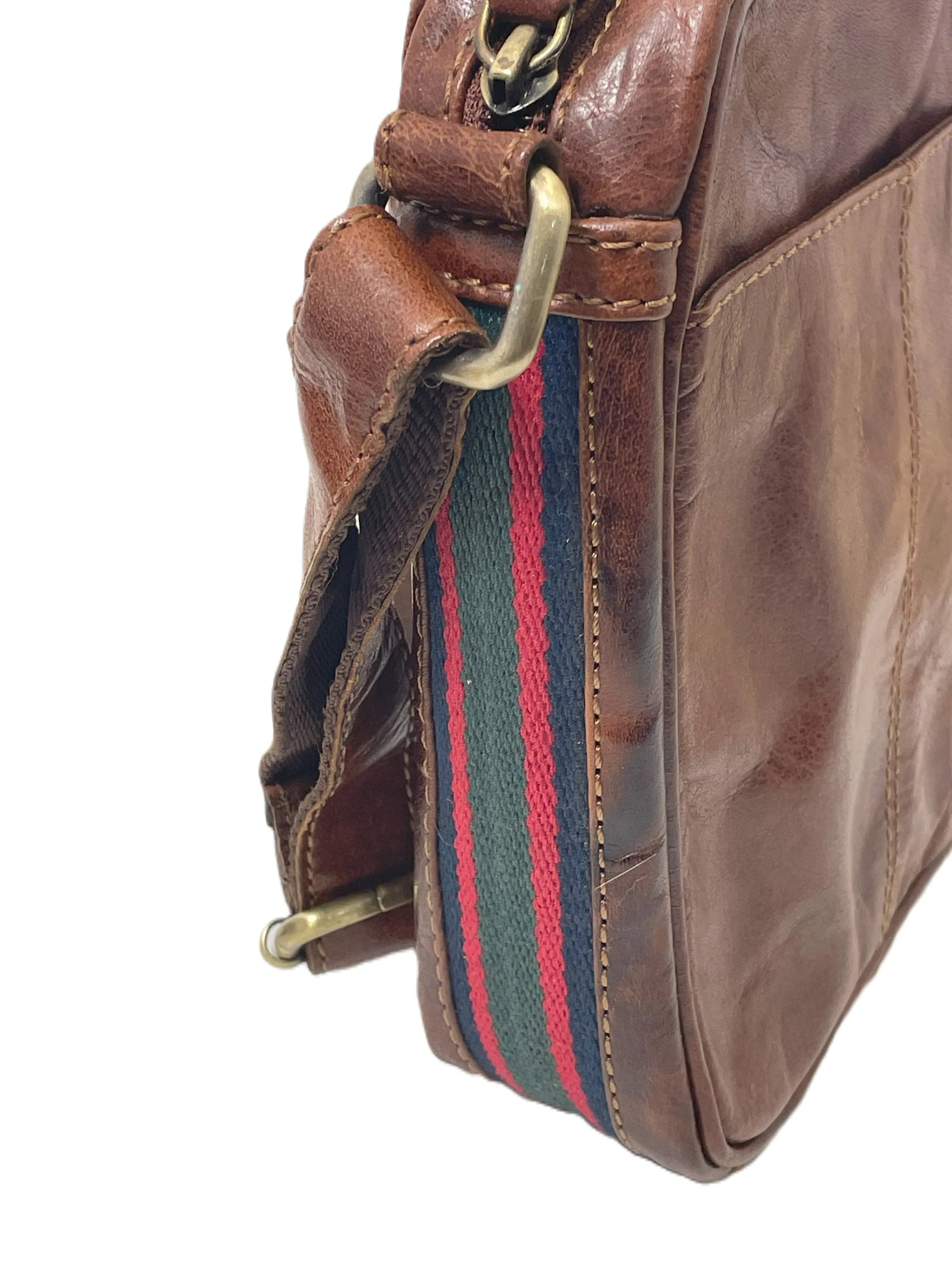 Classic Walnut Brown Leather Small Messenger Travel Bag with Webbing Details for Him Her