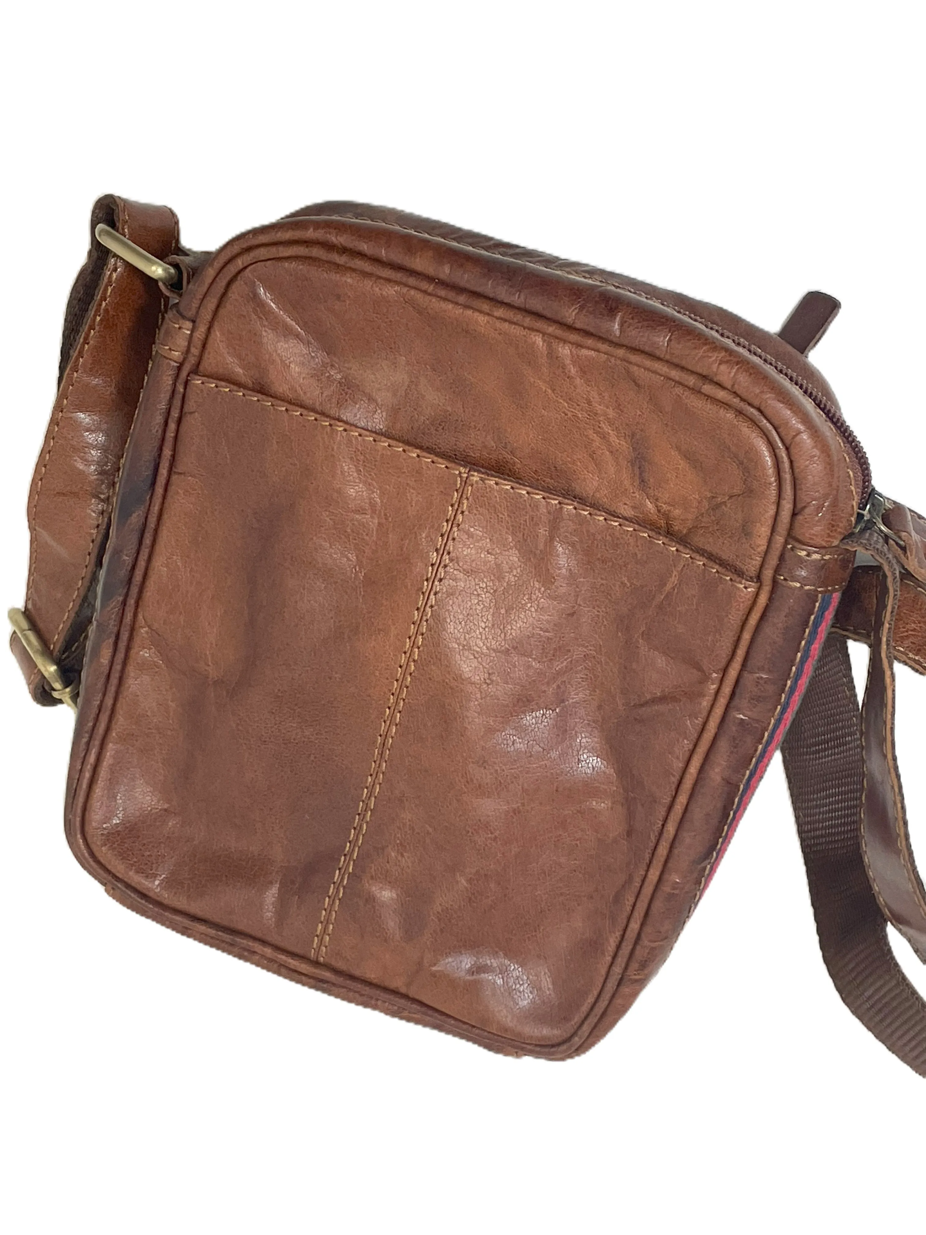 Classic Walnut Brown Leather Small Messenger Travel Bag with Webbing Details for Him Her