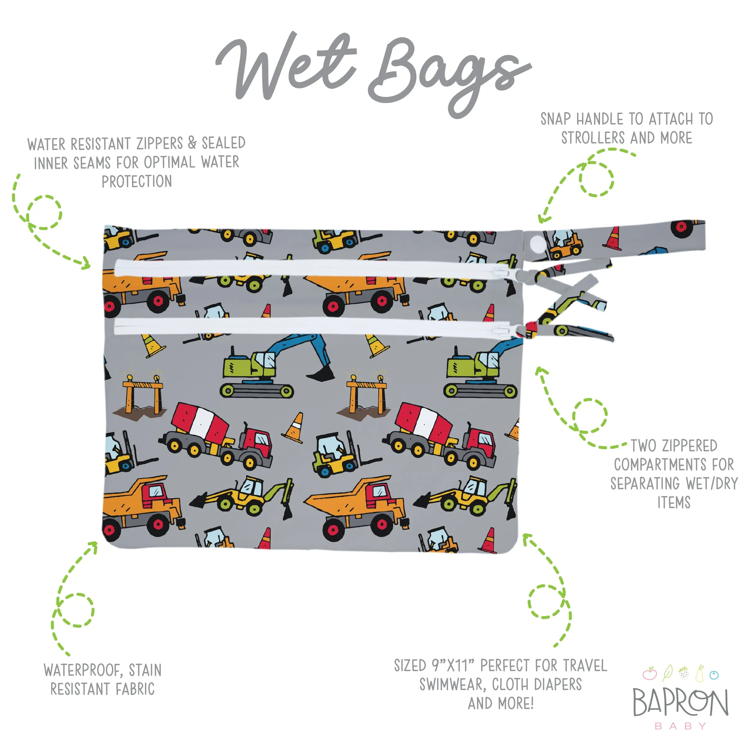 Construction Zone - Waterproof Wet Bag (For mealtime, on-the-go, and more!)