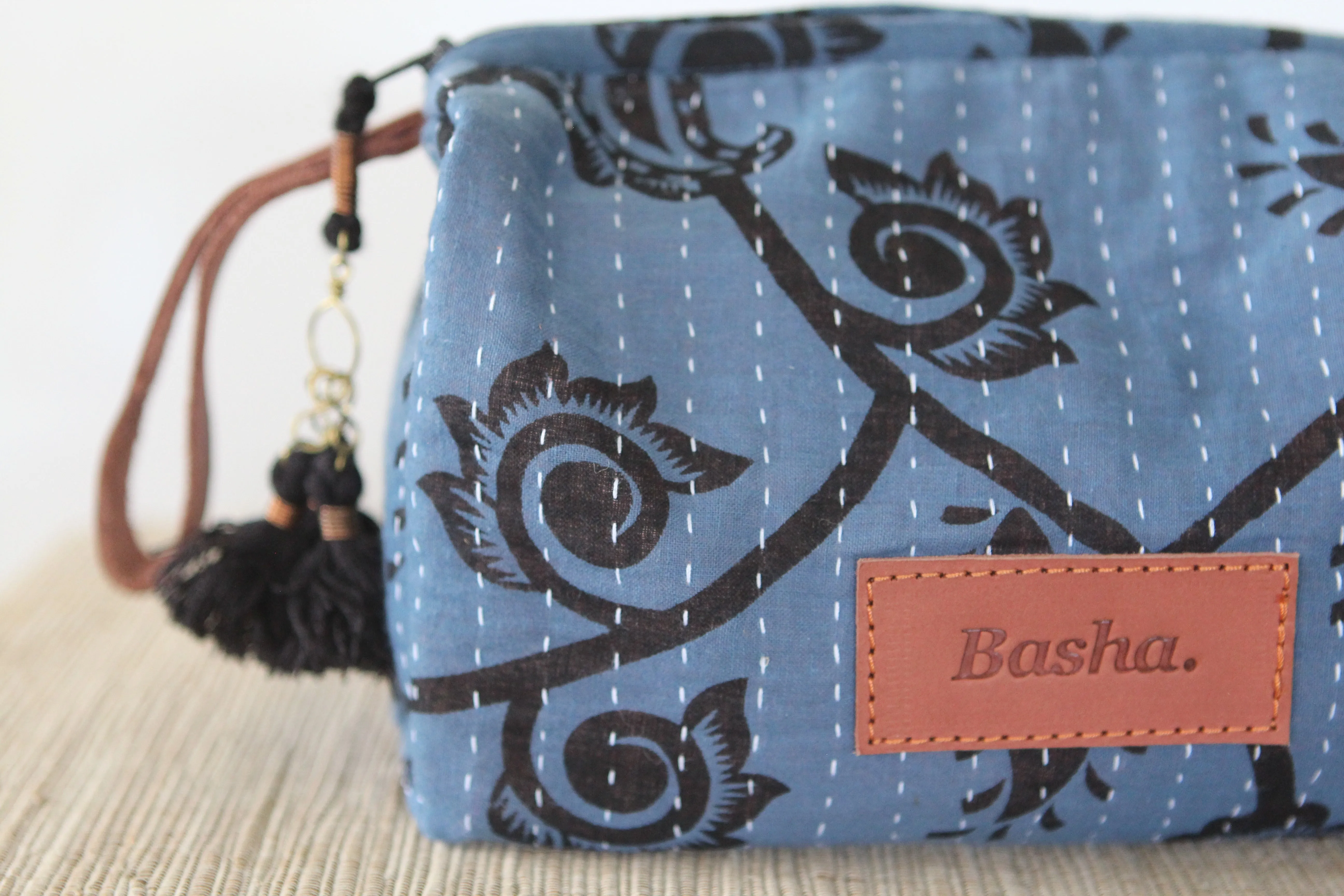 Cosmetic Bag with Leather Strap - Blue