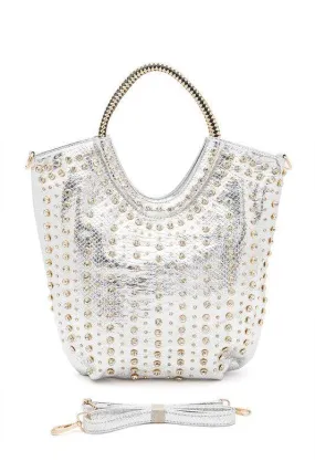 Crystal Studs Embellished Handle Tote Bag