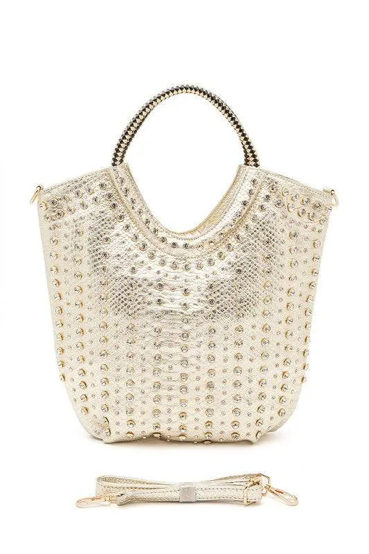 Crystal Studs Embellished Handle Tote Bag