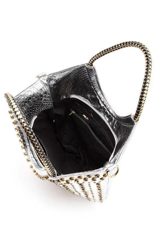 Crystal Studs Embellished Handle Tote Bag