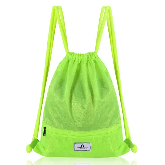 Drawstring Backpack String Bag Foldable Sports Sack with Zipper Pocket-Green