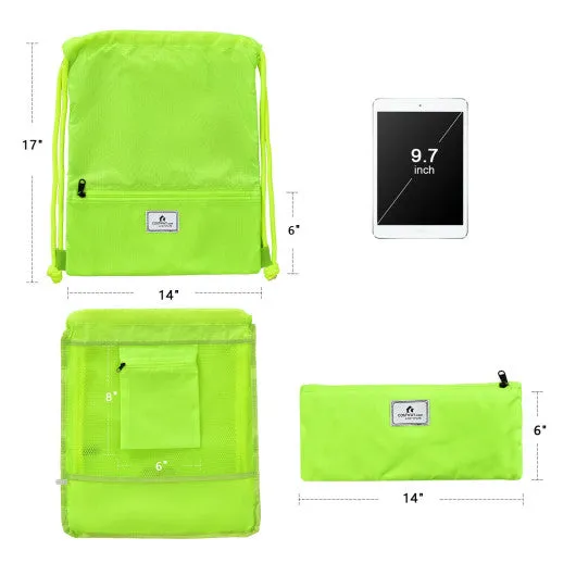 Drawstring Backpack String Bag Foldable Sports Sack with Zipper Pocket-Green