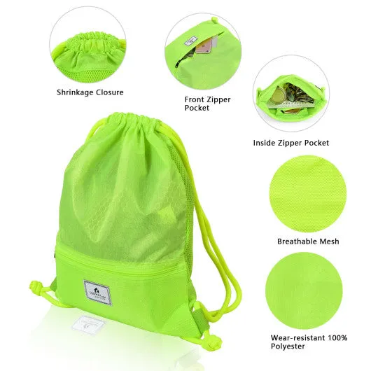 Drawstring Backpack String Bag Foldable Sports Sack with Zipper Pocket-Green