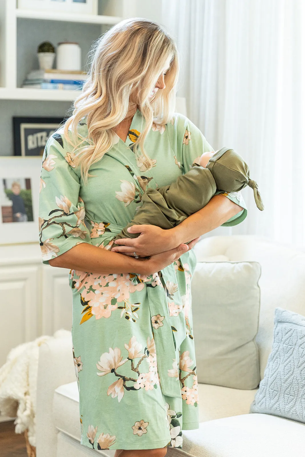 Gia Robe & Olive Green Swaddle Blanket Set