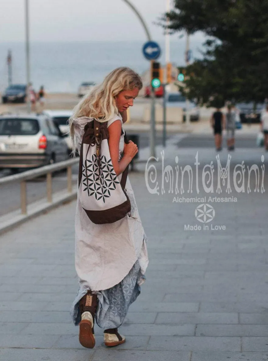 Giant Cotton Canvas Torba Backpack with Flower of Life Print / Grey