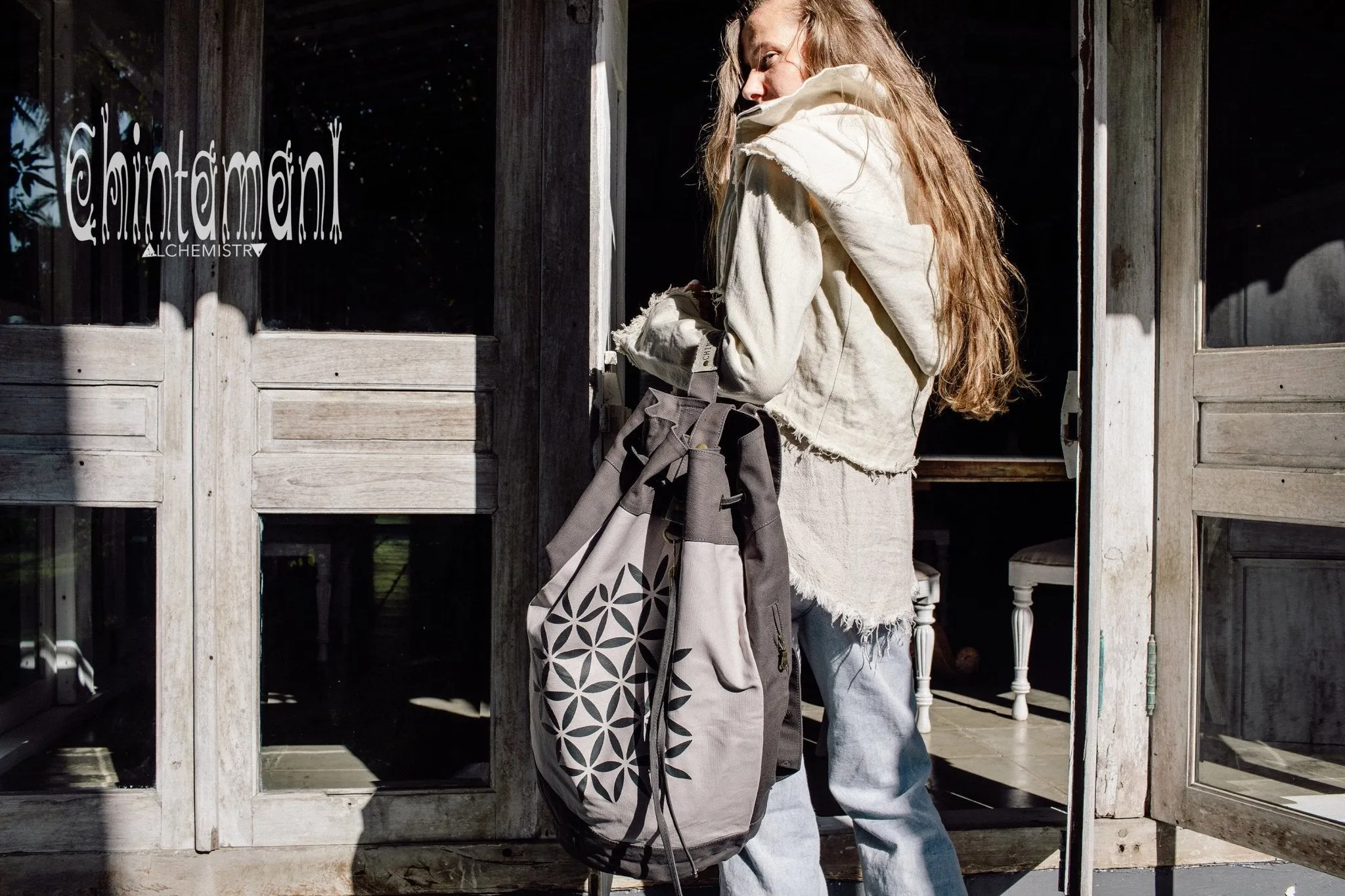 Giant Cotton Canvas Torba Backpack with Flower of Life Print / Grey