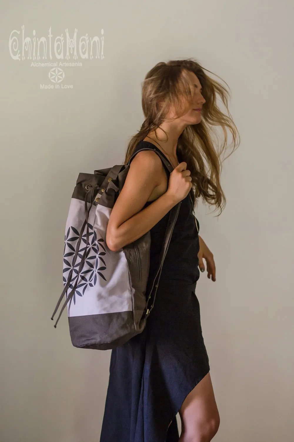 Giant Cotton Canvas Torba Backpack with Flower of Life Print / Grey