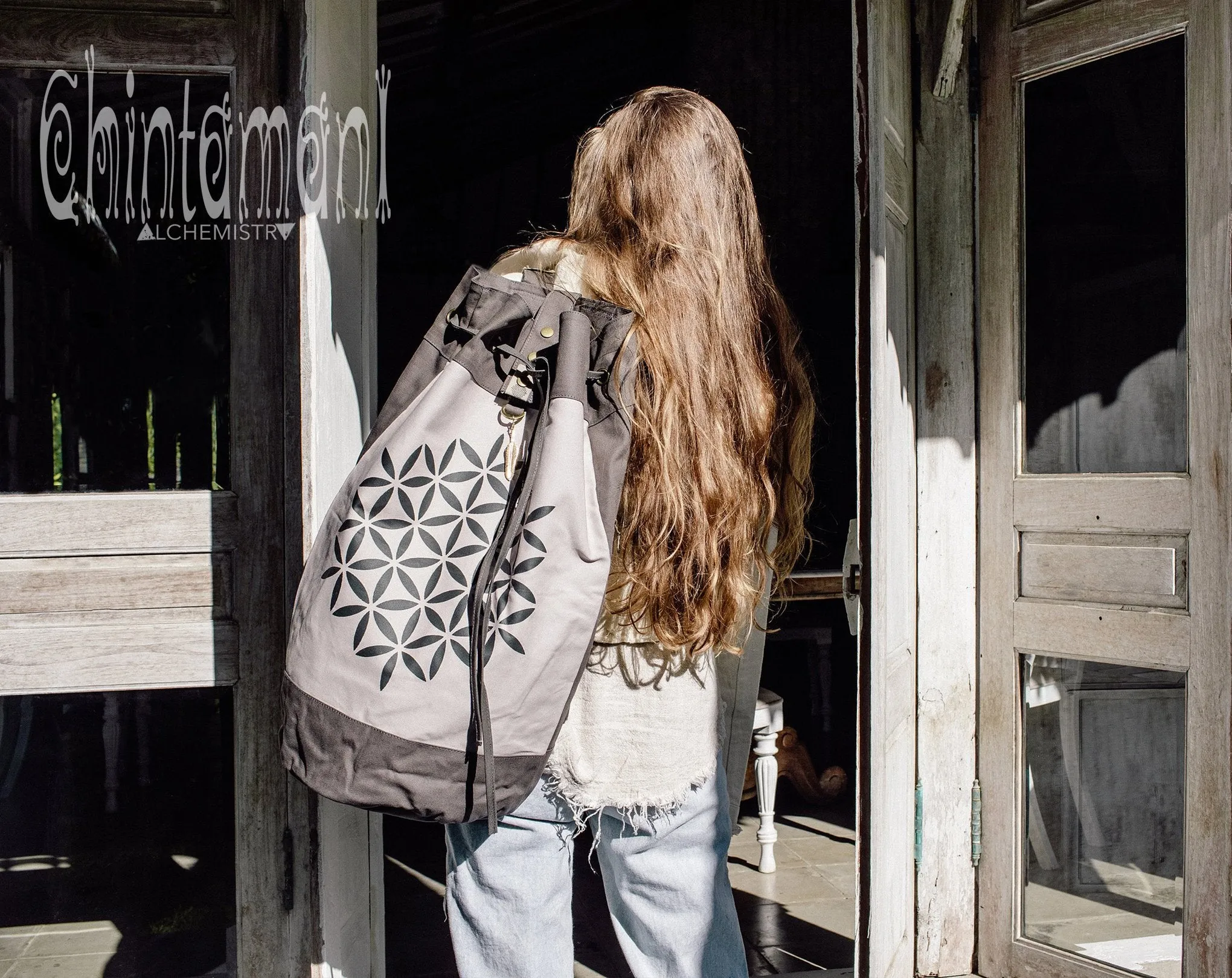 Giant Cotton Canvas Torba Backpack with Flower of Life Print / Grey