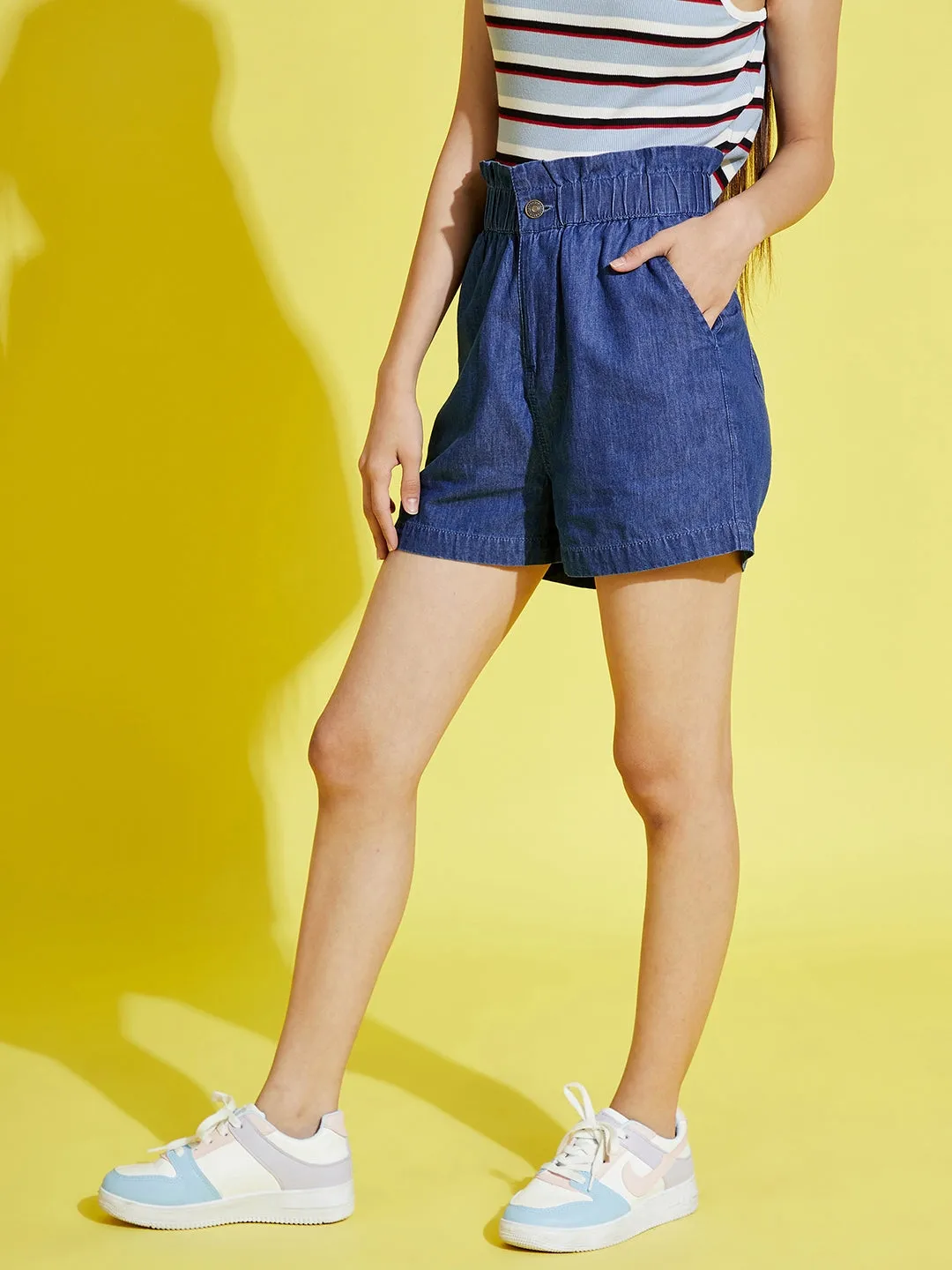 Girls Blue Tencel Paper Bag Shorts