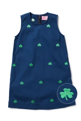 Girls Shift Dress Stretch Twill Nantucket Navy with Shamrock