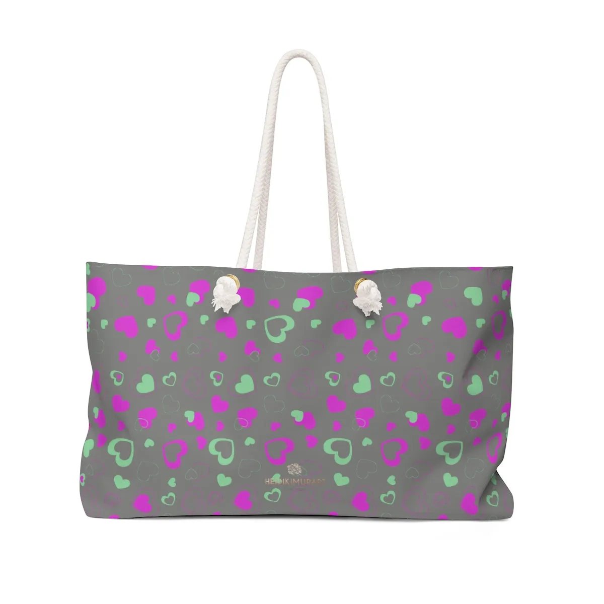 Gray Hearts Large Tote Bag, Valentine's Day Designer Weekender Oversized Bag - Printed in USA