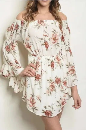 Ladies Off The Shoulder Vintage Rust Floral Shift Dress