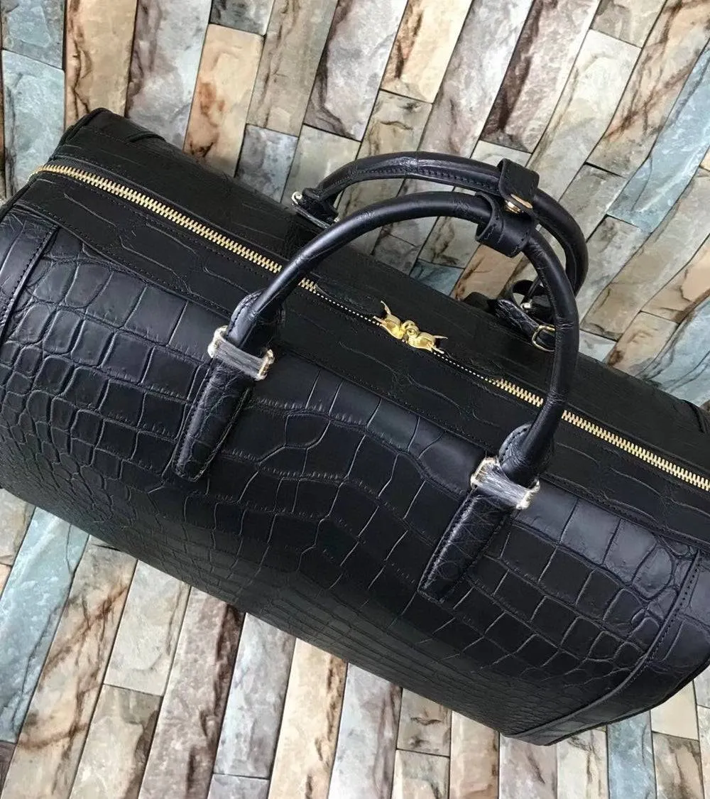 Large Crocodile Skin Leather Travel Duffel Bag Black