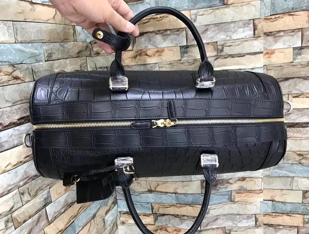 Large Crocodile Skin Leather Travel Duffel Bag Black