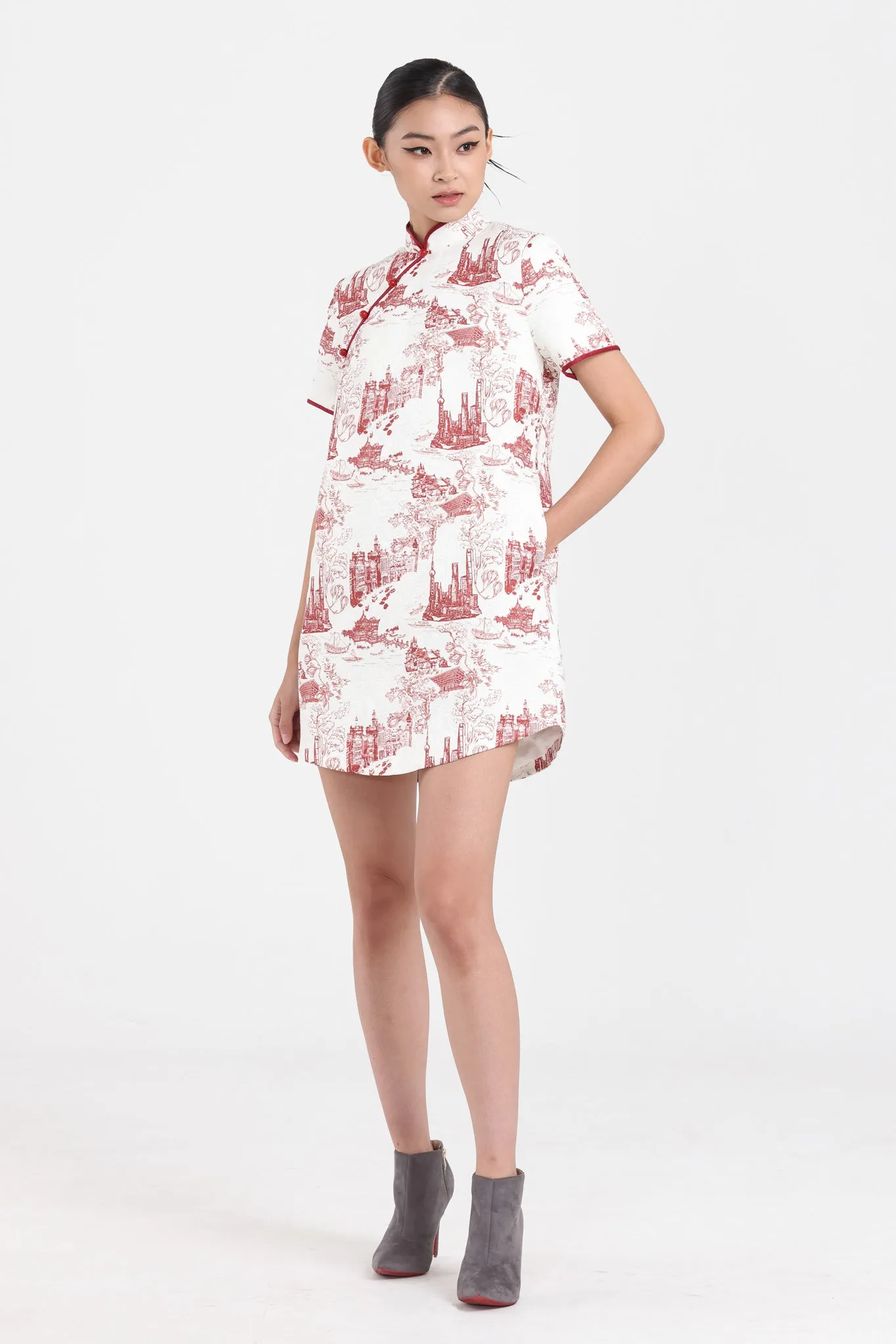 MACY Shift Dress w/ Belt (White/ Red)