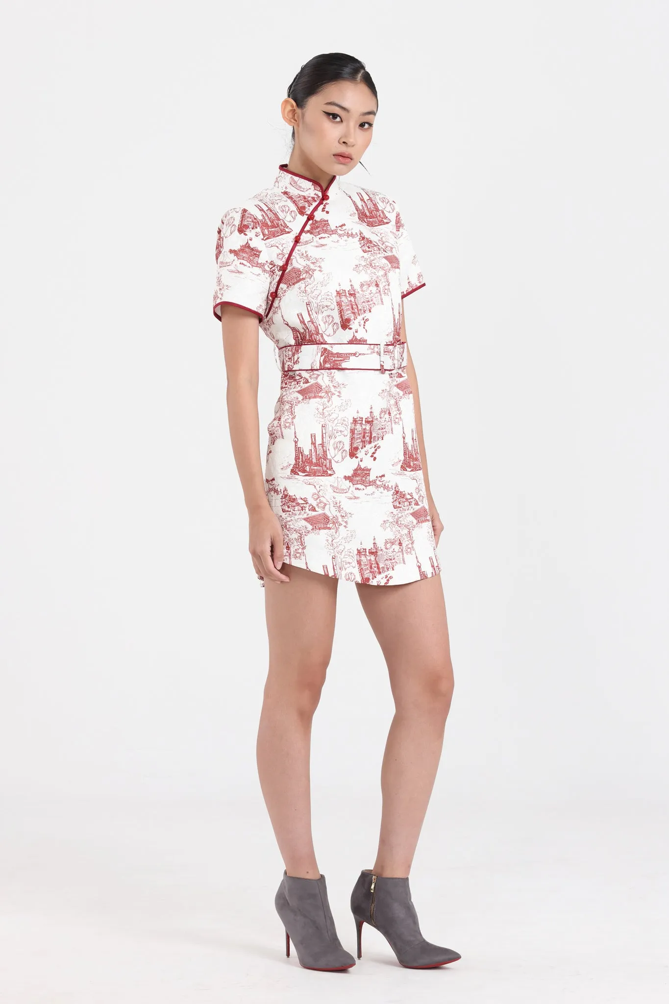 MACY Shift Dress w/ Belt (White/ Red)