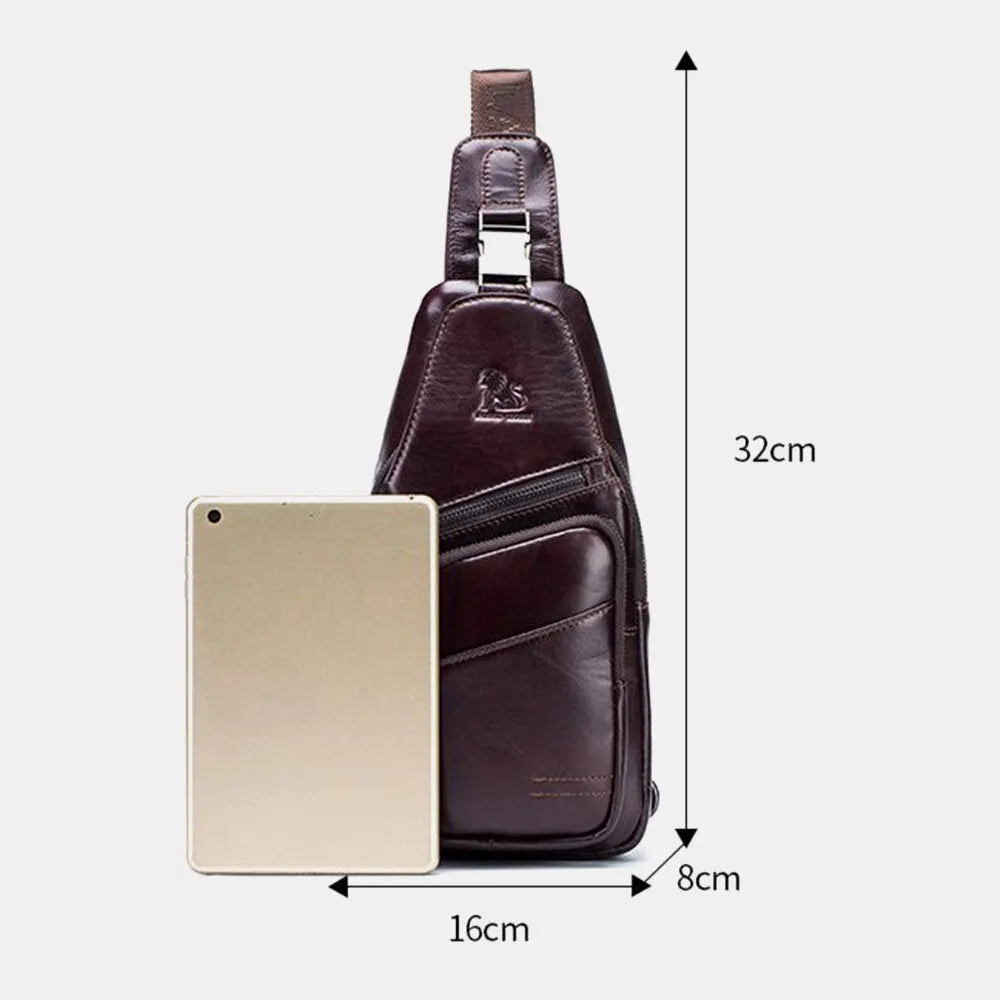 Men Genuine Leather Hasp Headphone Hole Large Capacity Vintage 6.5 Inch Phone Bag Chest Crossbody Shoulder