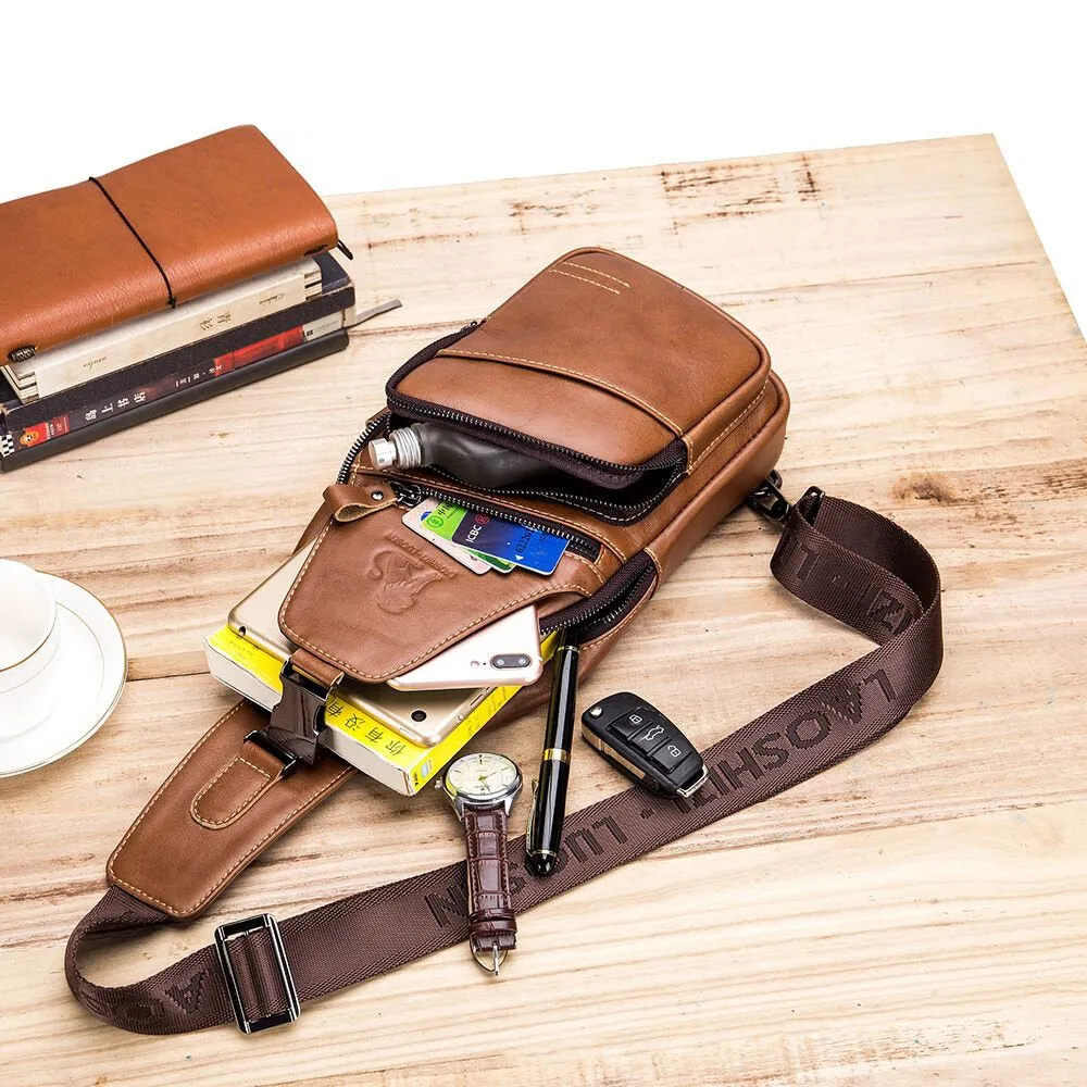 Men Genuine Leather Hasp Headphone Hole Large Capacity Vintage 6.5 Inch Phone Bag Chest Crossbody Shoulder